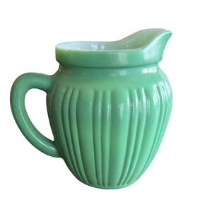 Vintage Hazel Atlas Platonite 1940’s Cream Pitcher Ribbed Green White EC